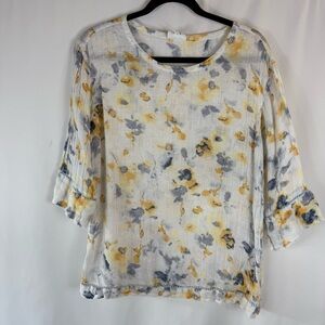 Pure Jill linen Sz:S Tall Women's Floral Blouse in Yellow and Gray 100% linen